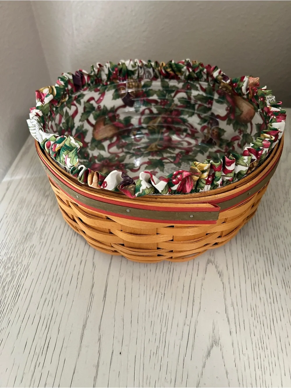 Longaberger woven basket with floral fabric liner - yellow, green, red